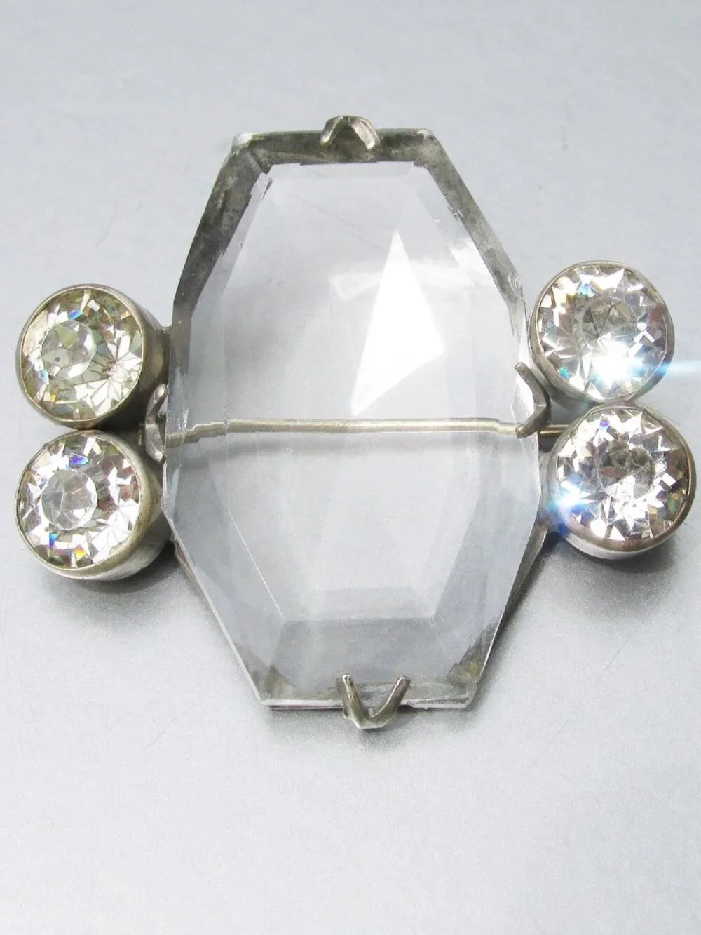 Vintage 1920s Early ART DECO Faceted Glass & Rhinestone Brooch Pin